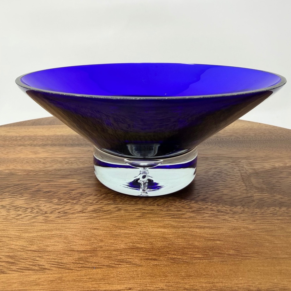 Cobalt Blue Glass Candle Holder Pedestal Bowl Clear Weighted Base MCM